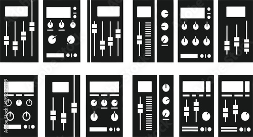 Collection of vintage audio equalizer and amplifier panels in black and white illustration