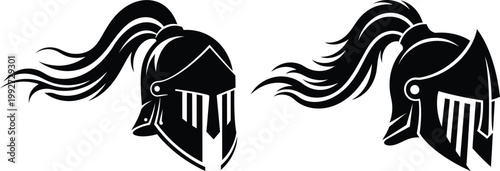 Vector illustration of two medieval knight helmets with flowing plumes black and white knight s helm medieval chivalry protection headgear
