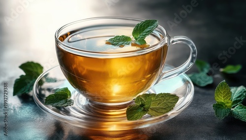 Warm glass cup of golden mint tea on a clear saucer with fresh mint leaves, calming and inviting atmosphere