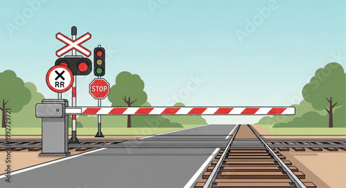 Railway crossing with barrier and traffic lights.