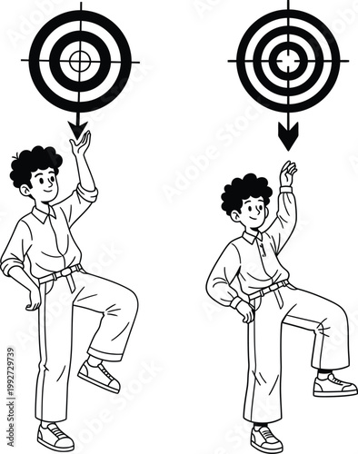 Two boys reaching for targets with reaching objective ambition direction decision challenge opportunity strategy planning activity