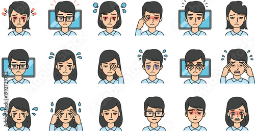 Stressed Office Workers Avatar Set with Eye Strain Fatigue and Headache Symptoms for Healthcare Articles Medical Infographics Digital Wellness and Workplace Burnout Awareness