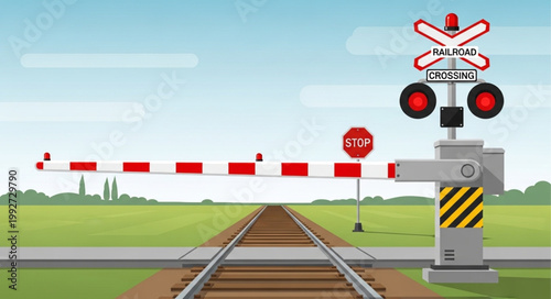 Railway crossing barrier with stop sign and signals.