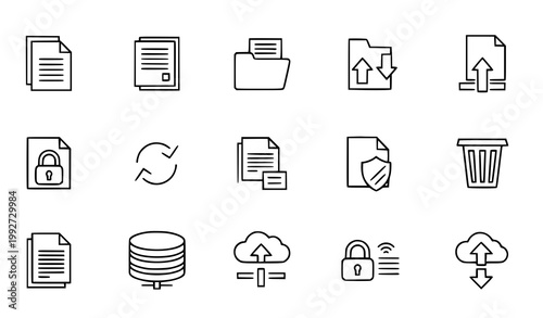 Digital file document icons set vector thin line upload download delete cloud storage protection pictograms isolated white background