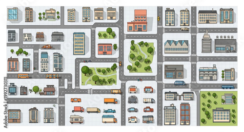 Aerial View of City Blocks with Buildings and Green Spaces.
