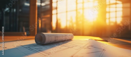 Architectural Blueprints and Rolled Plans on Desk Lit by Warm Golden Hour Sunlight