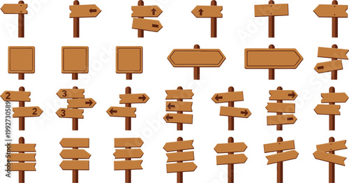 Wooden directional signs arranged for clarity and choice on a clean white background
