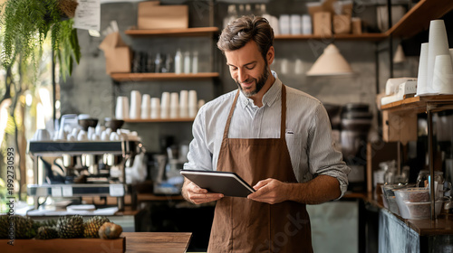 A young barista in a coffee shop checking inventory on a tablet, embodying the modern cafe experience and customer service.