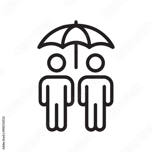 Simplified vector of two people standing together under a large protective umbrella
