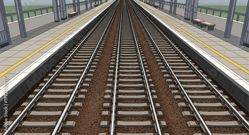 Train tracks on a platform leading to a distant destination.