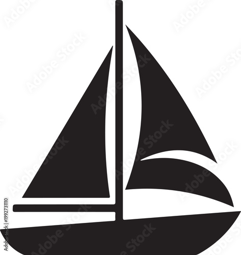Sailing boat icon, black sailboat silhouette, vector nautical symbol, white background