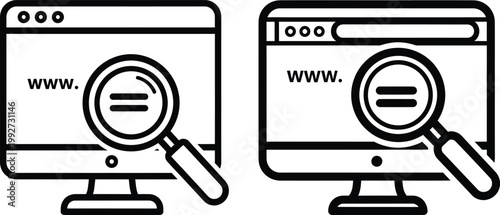 Computer screen displaying a web browser with a magnifying glass hovering over the website address bar computer magnifying internet analysis