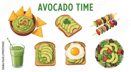 Delicious vector illustration featuring fresh avocado snacks, meals, and healthy drinks arranged in a clean artistic set