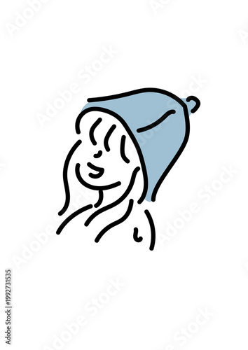 Minimal line art illustration of a woman wearing a sauna hat, smiling, relaxing lifestyle