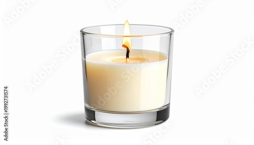 A candle in a clear glass container is lit, creating a soft, warm glow. The flame flickers, casting subtle shadows on the surrounding glass
