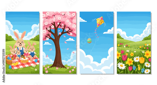 Vector illustration of four seasonal scenes spring bunnies picnic cherry blossom tree flying kite and colorful flowers