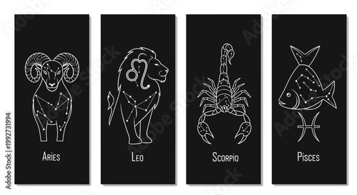 Zodiac signs aries leo scorpio pisces constellation line art black background