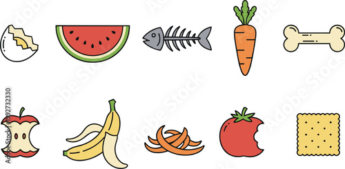 Cartoon vector illustration of diverse food items and remnants showing nutrition waste and consumption design variation