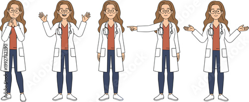 Cartoon vector illustration of doctor poses showing medical professional with stethoscope and expressive gesture design variation