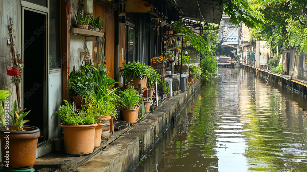Fototapeta premium Charming waterway adorned with lush plants and cozy homes, showcasing a serene lifestyle along the tranquil canal.