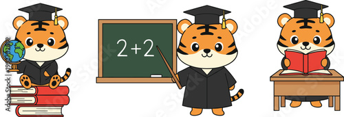 Cartoon vector illustration of graduation tigers showing learning teaching and studying activities with educational achievement design