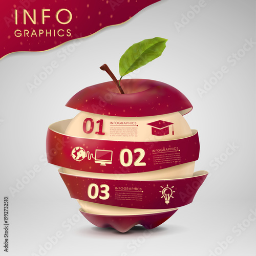 3D Apple Education Infographic. Professional Vector Template with Spiral Peel Timeline, Academic Icons, and 3-Step Learning Process.