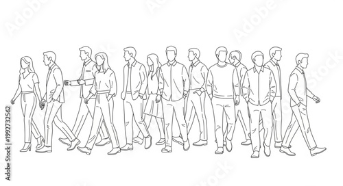 Group of people walking in a line illustration.