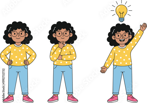 Cartoon vector illustration of thinking process showing confident pose confusion gesture and idea realization with glowing light bulb