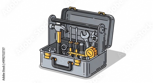 A detailed 3D illustration of an open metal toolbox filled with various tools such as wrenches, pliers, and screwdrivers, ideal for DIY, repair, construction, and maintenance projects. Perfect for bus
