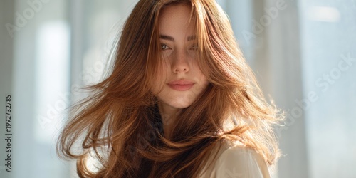Beautiful young woman with flowing hair and a soft expression captured in natural light creating an ethereal and serene atmosphere in an indoor setting. Generative AI