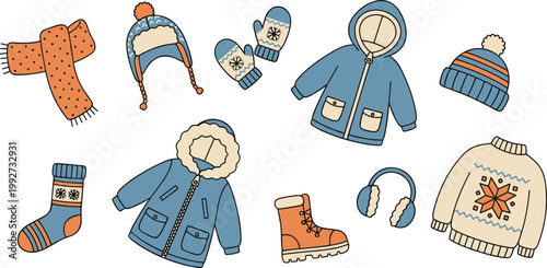Cartoon vector illustration of winter clothing items showing cozy warm outfits including scarf hat coat mitten boot and sweater