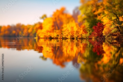 Serene autumn reflections in a tranquil lake surrounded by vibrant trees showcasing rich fall colors of red orange and yellow bringing peace and beauty to nature. Generative AI