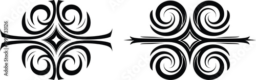 Two symmetrical decorative ornamental borders with swirling patterns black and white ornament decorative filigree abstract symmetry curlicue