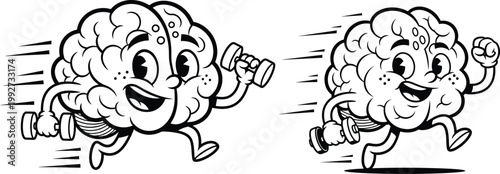 Cartoon brain characters jogging with weights one with motion lines exercise dumbbells thinking intelligence knowledge learning education