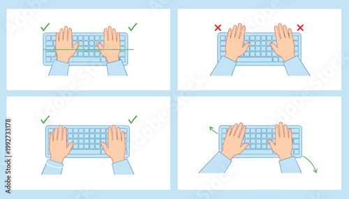 Vector illustration of correct and incorrect keyboard hand positions showing ergonomic typing posture and wrist alignment