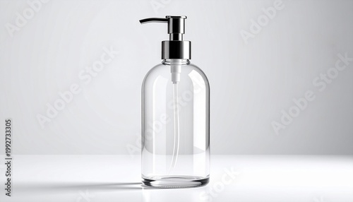 A transparent pump bottle sitting alone 
