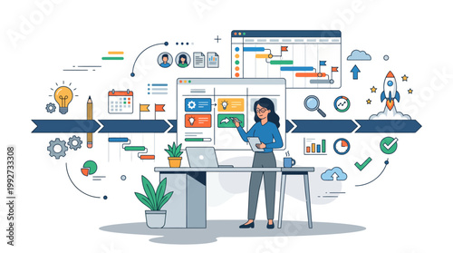 Project Manager Organizing Workflow with Kanban Board and Gantt Chart Flat Vector