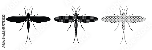 Mayfly insect silhouette set, black fly fishing lure icons, aquatic ephemeroptera bug vector collection for nature and biology design
