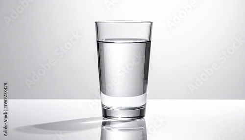 A transparent glass filled with clear water, with a simple and clean aesthetic. The glass casts a shadow on a reflective surface