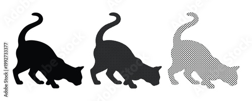 Minimalist cat silhouette vector set, black and grey feline animal shapes, domestic pet hunting pose icons for graphic design and logos