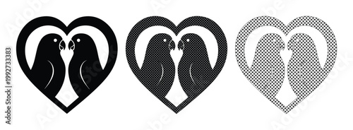 Minimalist lovebird heart icons, romantic parrot silhouettes in heart shape, set of 3 black and white bird vector illustrations for wedding and logo design