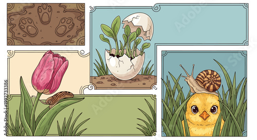 Springtime scene with chick snail and blooming flowers in grassy landscape