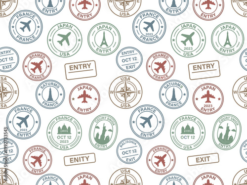 Seamless pattern of international passport stamps with landmarks