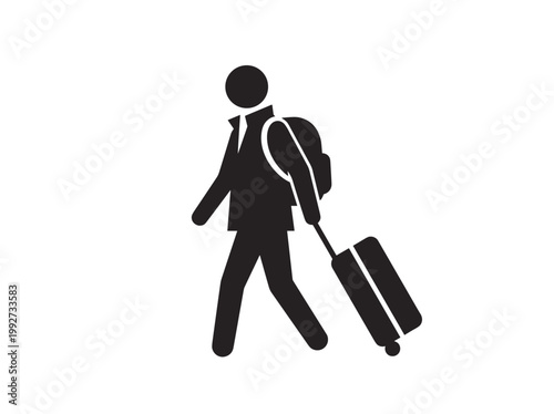 Silhouette of a traveler walking with a rolling suitcase