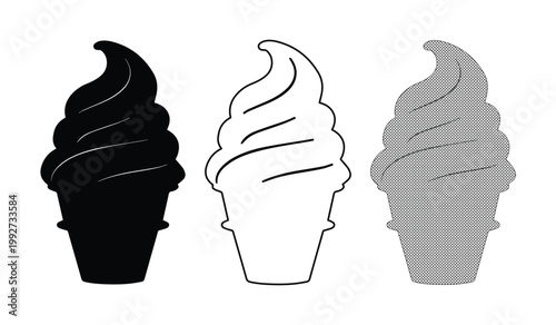 Minimalist soft serve ice cream icons, black and white frozen yogurt swirl silhouettes, set of 3 vector dessert symbols for cafe menus