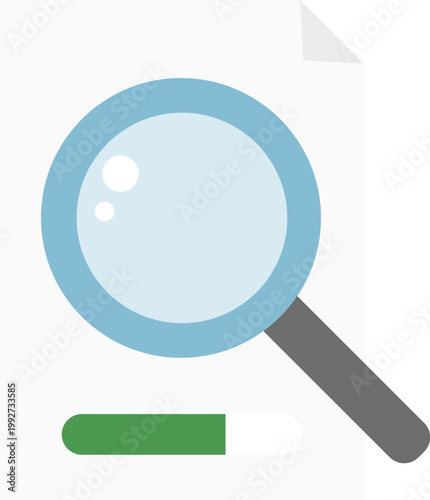 Vector illustration of a magnifying glass inspecting a paper document with a green loading or progress bar at the bottom. It represents search functionality, data analysis, and document review