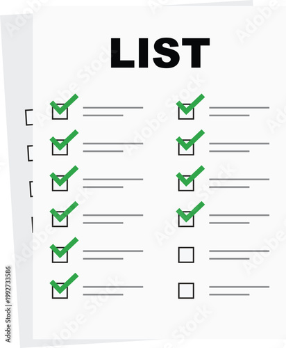 Flat design vector of a checklist or to-do list on white paper. The illustration features green check marks in boxes representing completed tasks and progress.