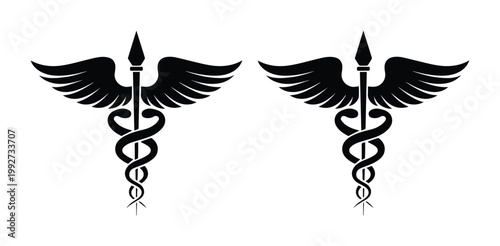 Medical caduceus symbol vector set, black heraldic snake and wings icons, healthcare and pharmacy emblem collection for professional branding