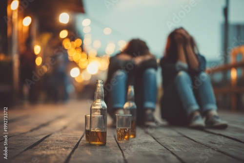 Emotional Evening Reflection Featuring Two Individuals Sitting on a Wooden Deck with Bottles in the Foreground Symbolizing Life Choices and Consequences. Generative AI