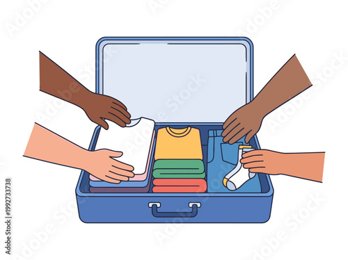 Hands packing folded clothes and sock into open suitcase